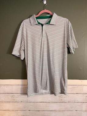Swannies Men's Medium Golf Polo Shirt Green Pink Striped Tee Pattern Tennis